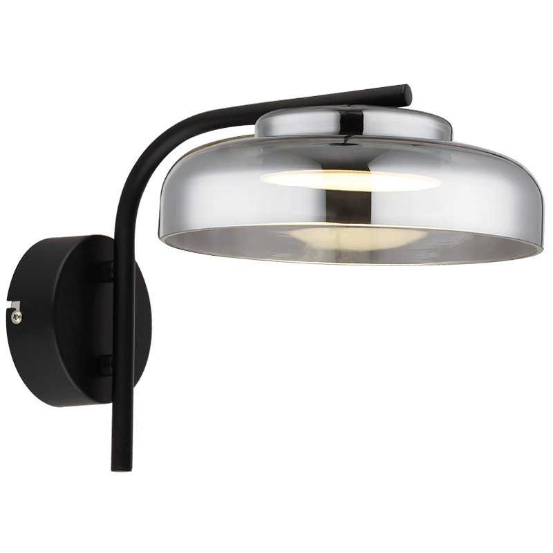 Wall-mounted lamp with chrome finish and black arm on a white background