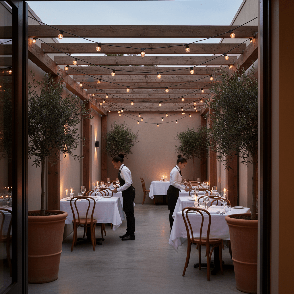 Outdoor dining area with festoon lights strung overhead, tables set for dinner, and staff preparing.