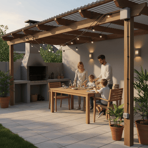 A family enjoying a meal under festoon lights on a patio, with a barbecue in the background.