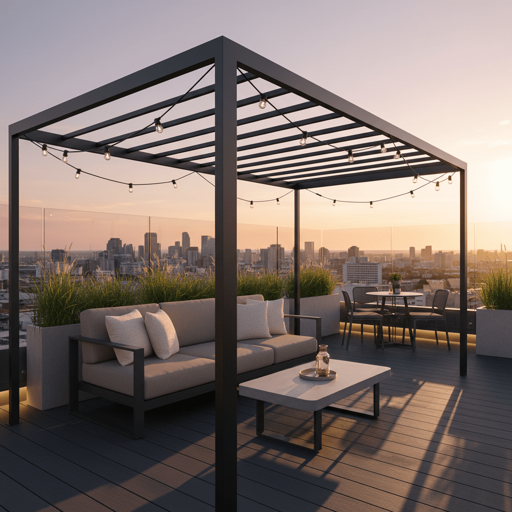 Outdoor setting with a pergola adorned with festoon lights, overlooking a city skyline at sunset.