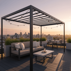 Outdoor setting with a pergola adorned with festoon lights, overlooking a city skyline at sunset.