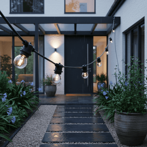 Connectable festoon light cable draped over a garden pathway, illuminating the entrance with warm light.