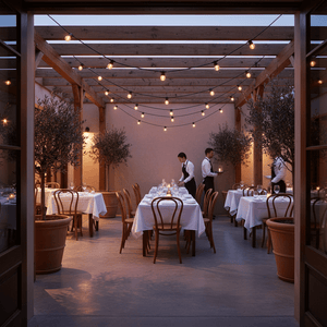 Outdoor dining area with festoon lights strung overhead, tables set for guests, and waitstaff preparing.