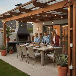 Outdoor dining setup with connectable festoon lights above a wooden table, creating a warm ambiance.