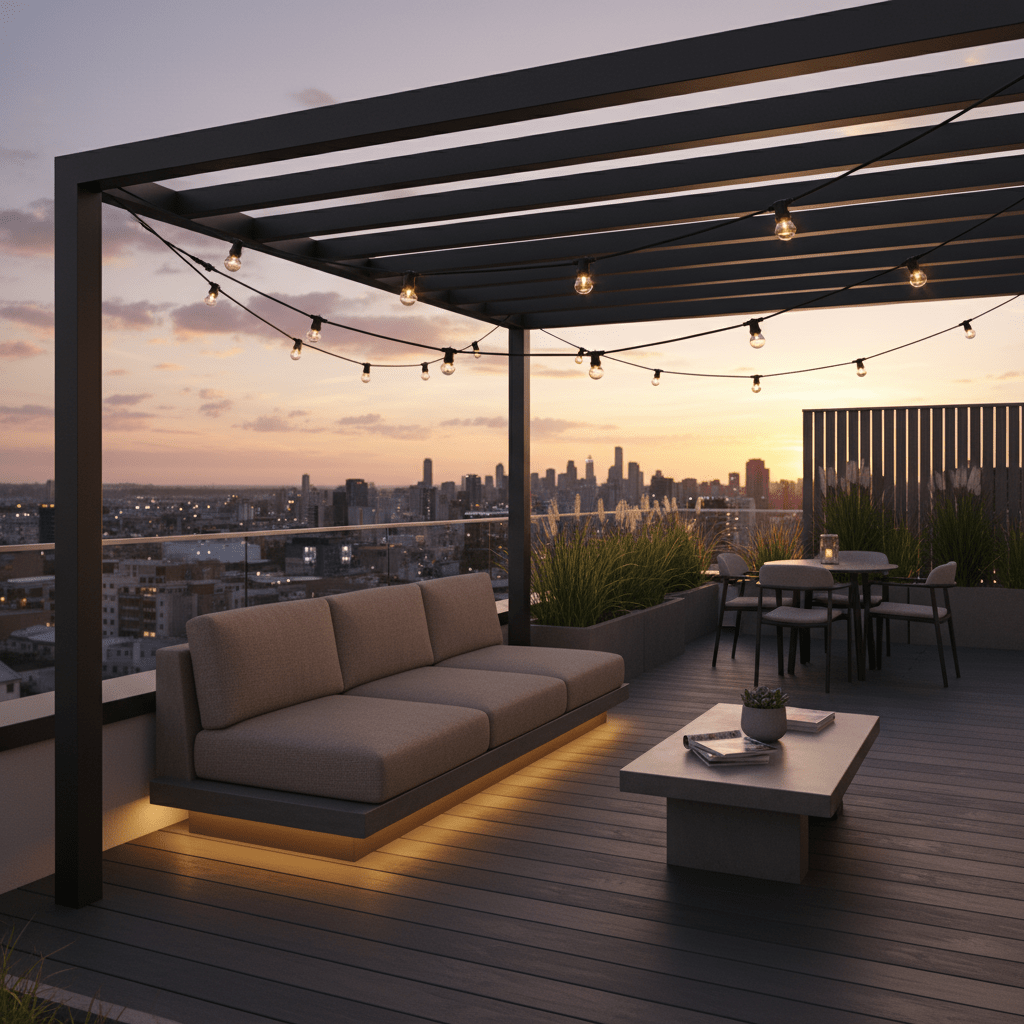 Outdoor seating area with festoon lights strung overhead, creating a warm ambiance at sunset.
