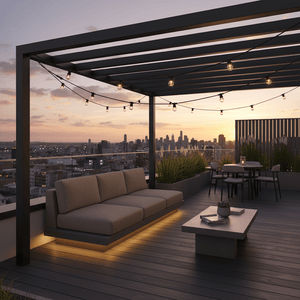 Outdoor seating area with festoon lights strung overhead, creating a warm ambiance at sunset.
