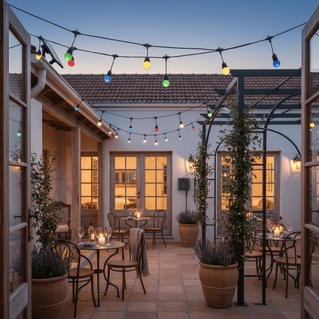 Colorful solar string lights illuminate a cozy outdoor patio with tables and plants.