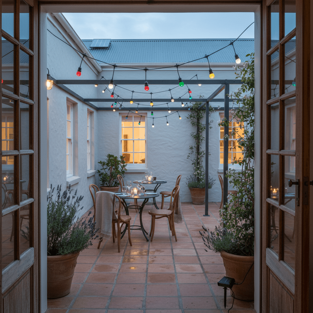 Colorful solar string lights illuminate a cozy patio dining area with a table and chairs.