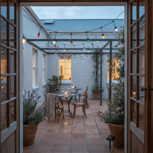 Colorful solar string lights illuminate a cozy patio dining area with a table and chairs.