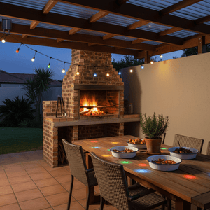 Colorful solar string lights illuminate a patio dining area with a fireplace and food spread.