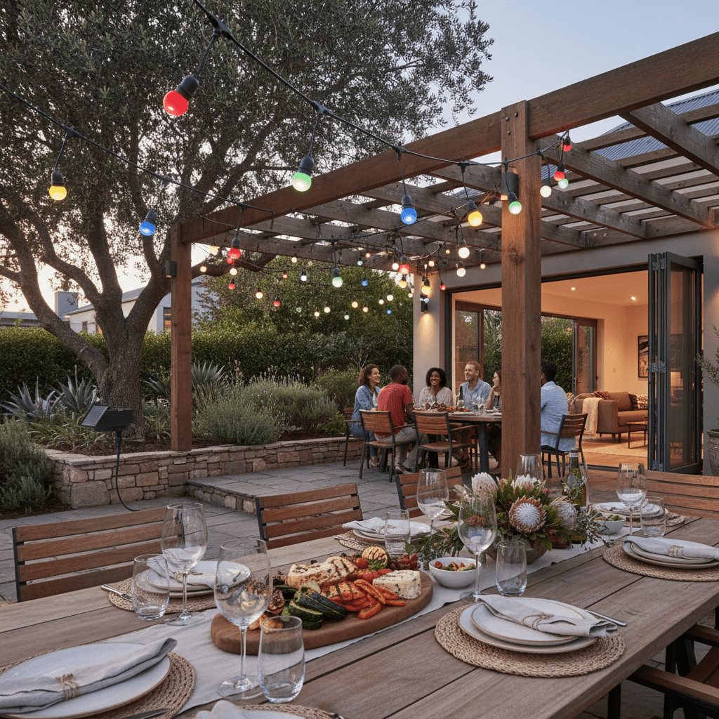 Colorful solar string lights illuminate a patio dining area with a wooden table set for a meal.