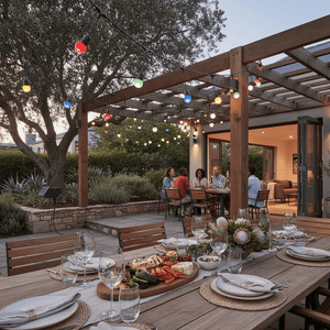 Colorful solar string lights illuminate a patio dining area with a wooden table set for a meal.