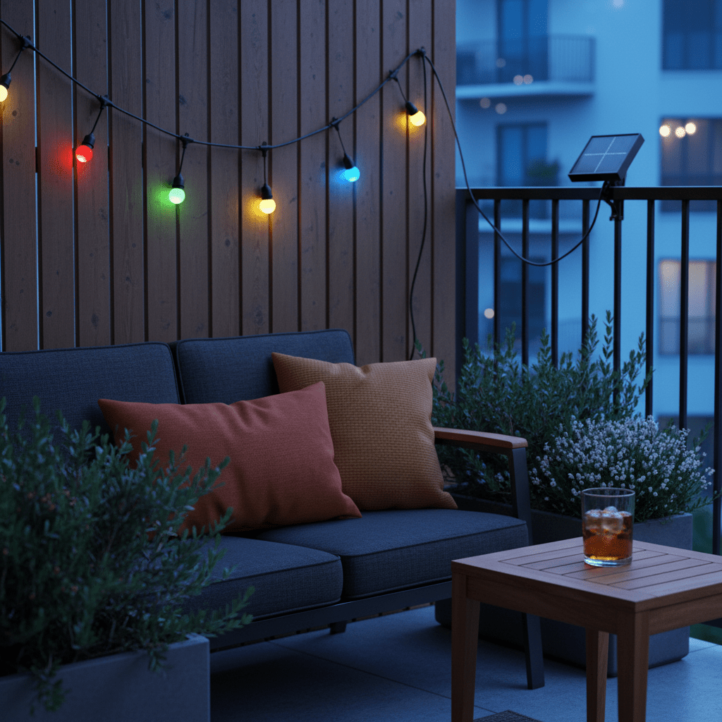 Colorful solar string lights illuminate a cozy patio setting with cushions and a drink.