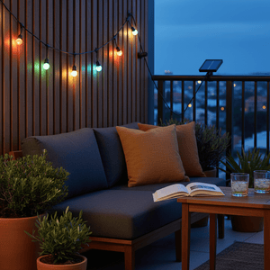 Colorful solar string lights illuminate a cozy patio with a couch, plants, and drinks at dusk.