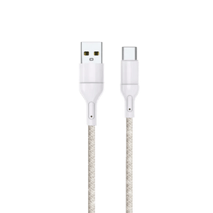 A simple USB to Type-C cable with a white plastic connector and a braided beige cable.