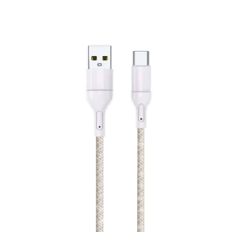 A simple USB to Type-C cable with a white plastic connector and a braided beige cable.