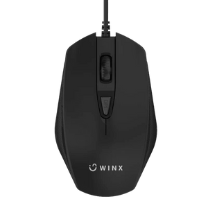 A black wired mouse with a scroll wheel, DPI button, and the logo "WINX" on the front.