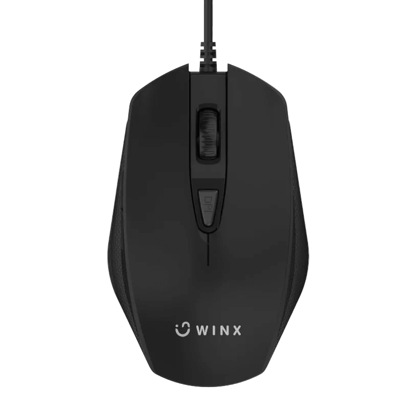 A black wired mouse with a scroll wheel, DPI button, and the logo "WINX" on the front.