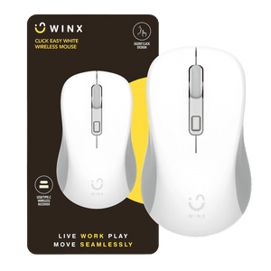 A white wireless mouse is displayed on a dark brown packaging background, featuring a USB receiver icon and text.