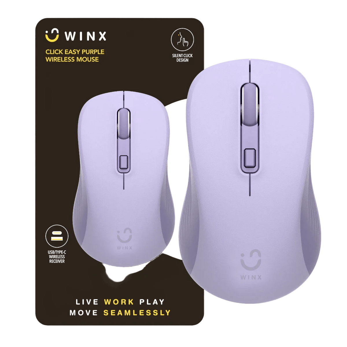 Purple wireless mouse displayed on a black card, featuring a smooth finish and a central scroll wheel.