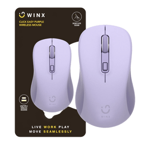 Purple wireless mouse displayed on a black card, featuring a smooth finish and a central scroll wheel.