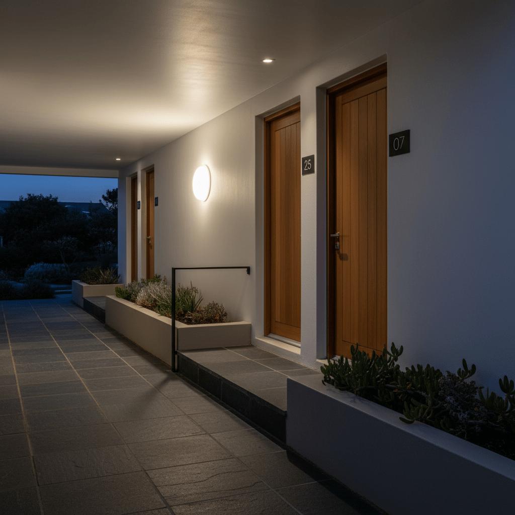 Nighttime exterior hallway with wooden doors 07 and 25, illuminated by a round white wall light, tiled floor, and planters
