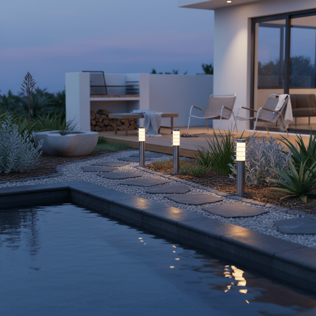 Stainless steel bollards illuminate a garden path beside a modern patio at dusk.