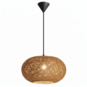 Woven pendant light with black fixture on a white background