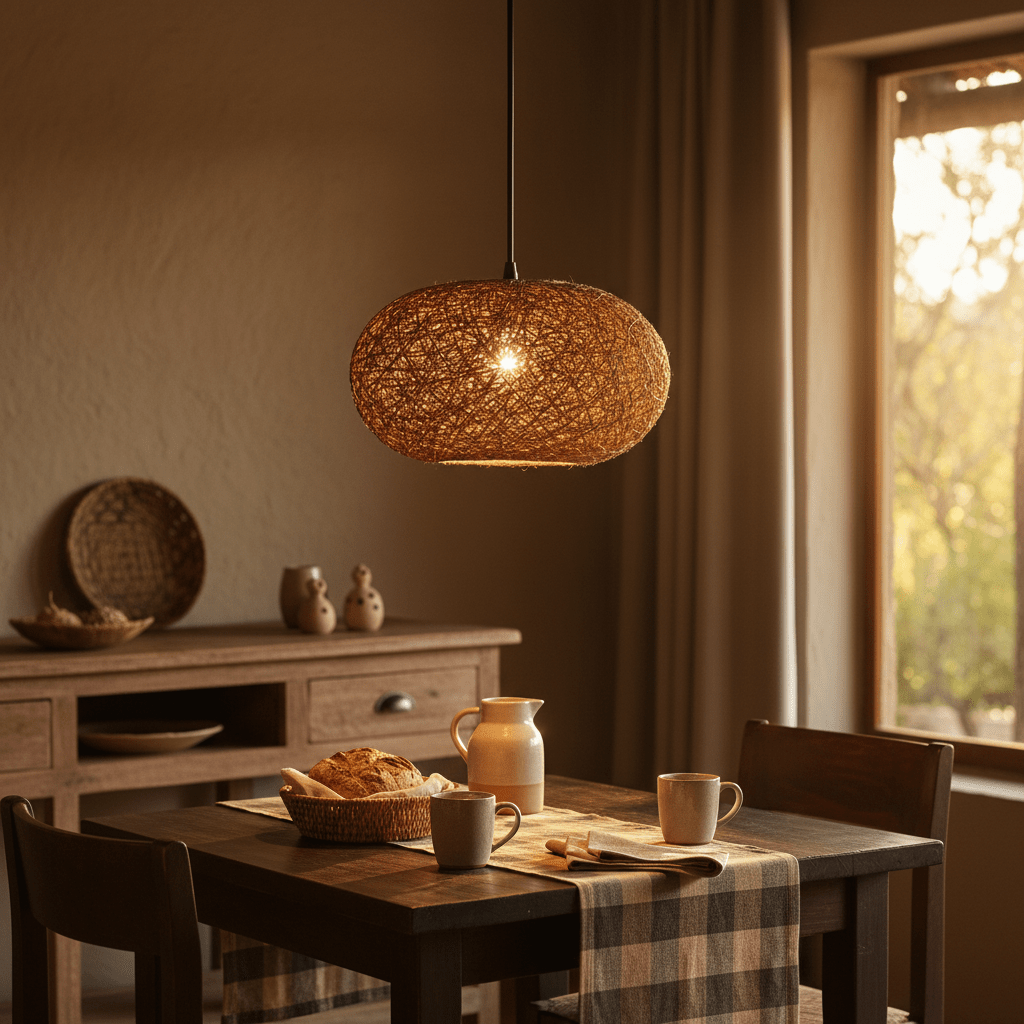 Twine Pendant 400mm hanging over a rustic dining table set with bread and mugs, creating a warm ambiance.