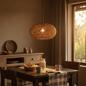 Twine Pendant 400mm hanging over a rustic dining table set with bread and mugs, creating a warm ambiance.