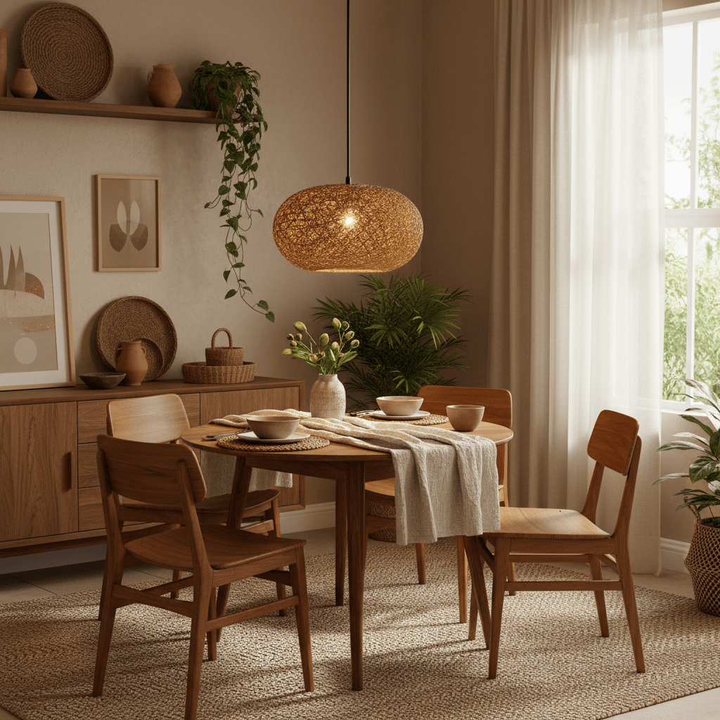 A warm-toned dining area featuring the Twine Pendant light above a wooden table set with bowls and a vase.