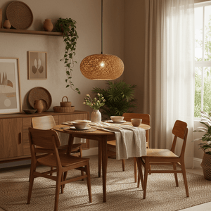 A warm-toned dining area featuring the Twine Pendant light above a wooden table set with bowls and a vase.