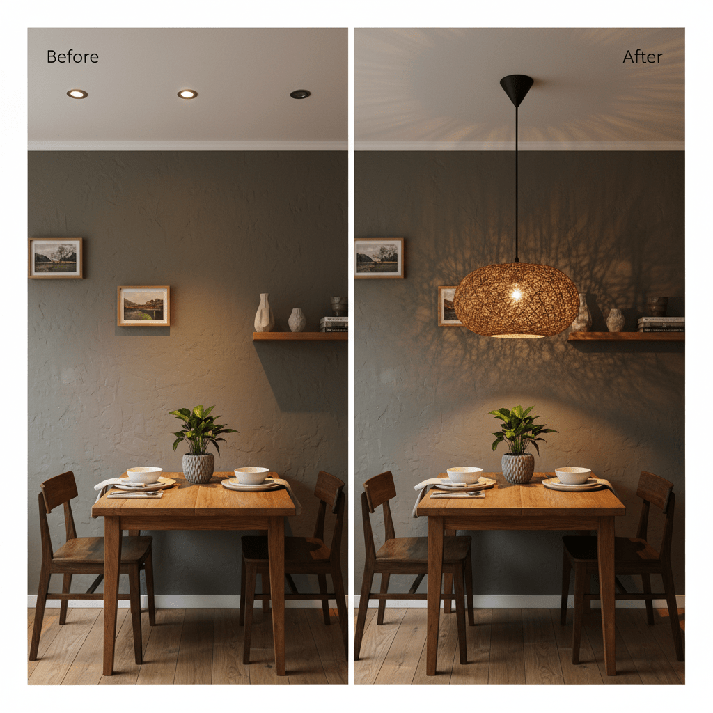 Before and after comparison of a dining area with recessed lights and the Twine Pendant 400mm, showcasing warm ambiance.