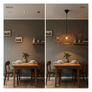 Before and after comparison of a dining area with recessed lights and the Twine Pendant 400mm, showcasing warm ambiance.