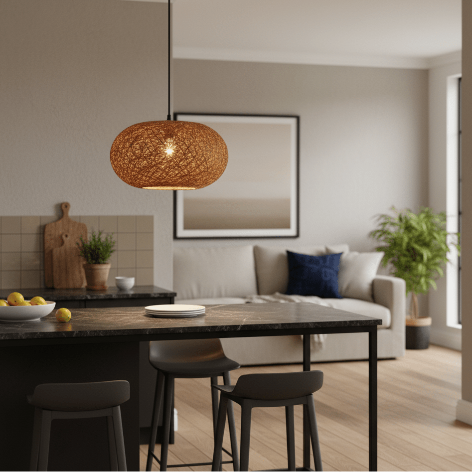Twine Pendant 400mm hanging above a dining table with a dark surface, surrounded by chairs and a cozy living area.