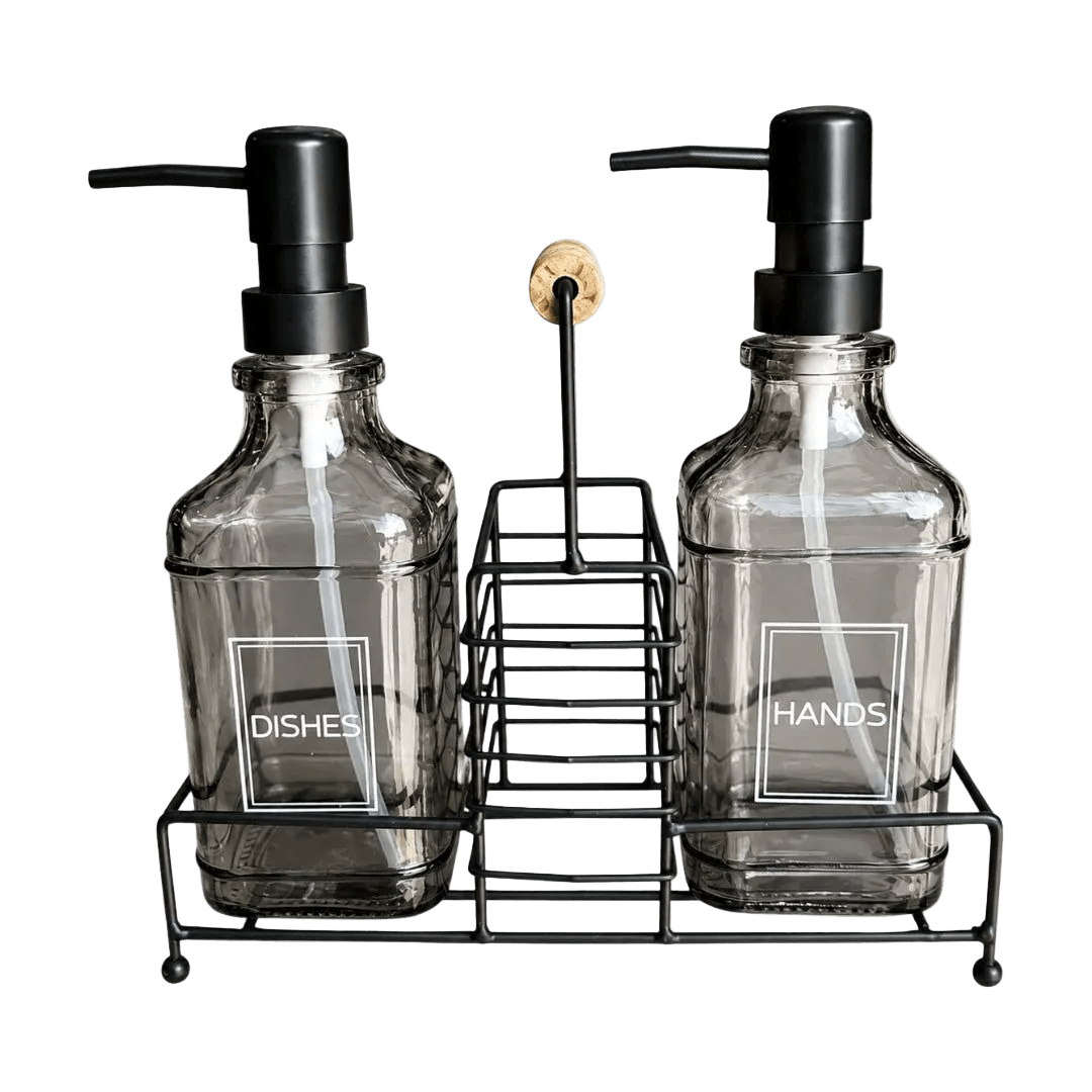 Glass Soap Dispenser Set - Smoked Grey With Black Metal Caddy