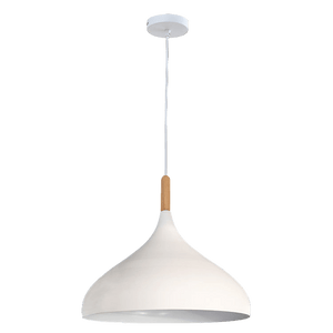 White pendant light with wooden accent on a black background