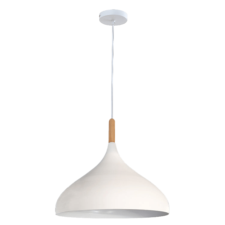 White pendant light with wooden accent on a black background