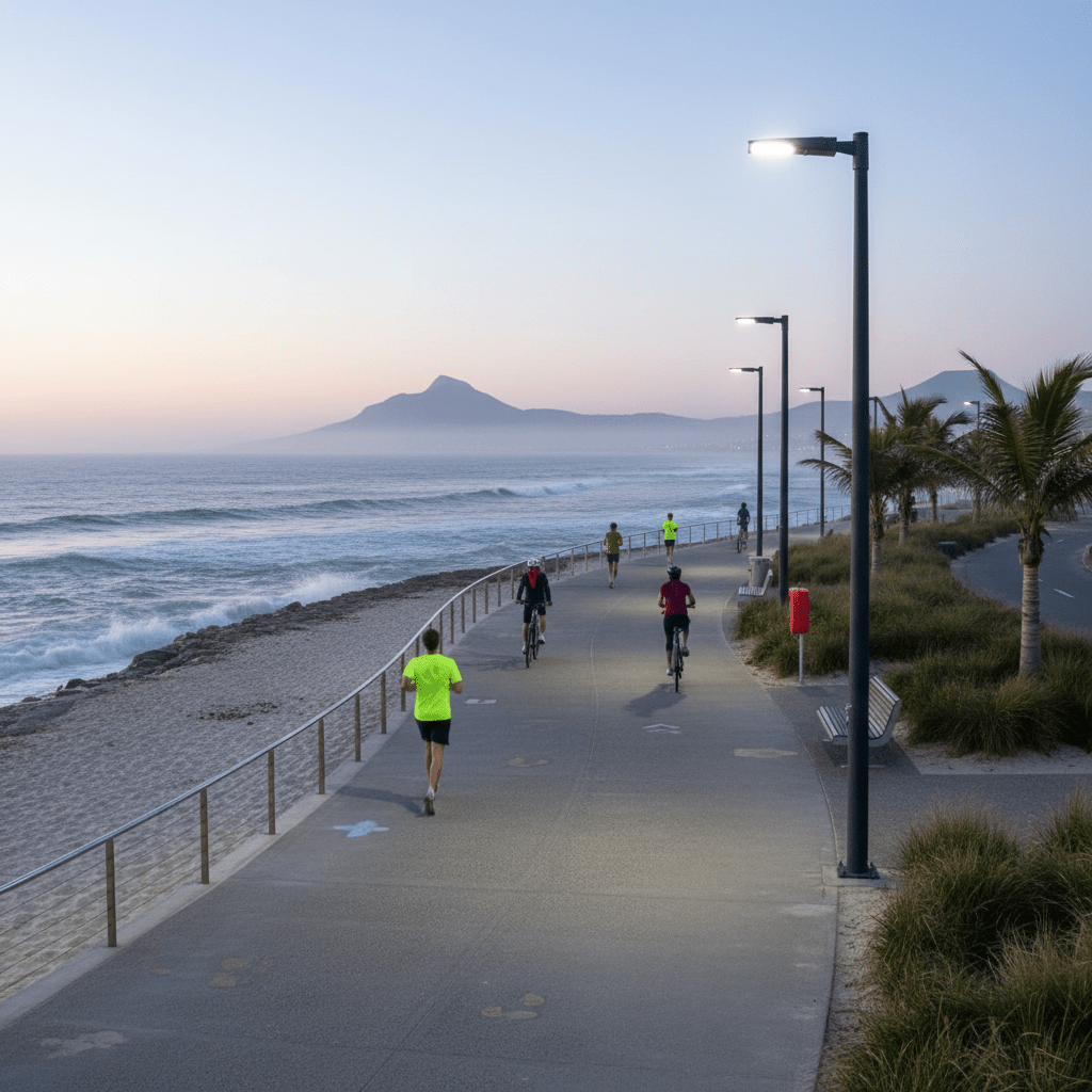 LED street lights illuminating a coastal pathway with cyclists and joggers at dusk.