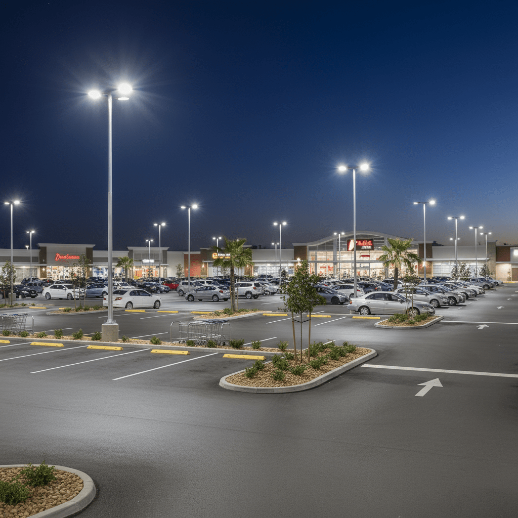 Illuminated parking lot at dusk, showcasing multiple LED street lights providing bright visibility.