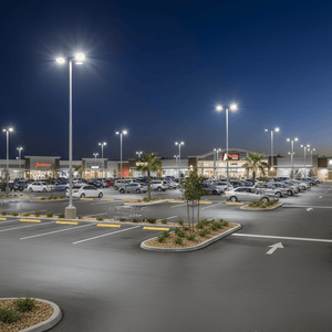 Illuminated parking lot at dusk, showcasing multiple LED street lights providing bright visibility.