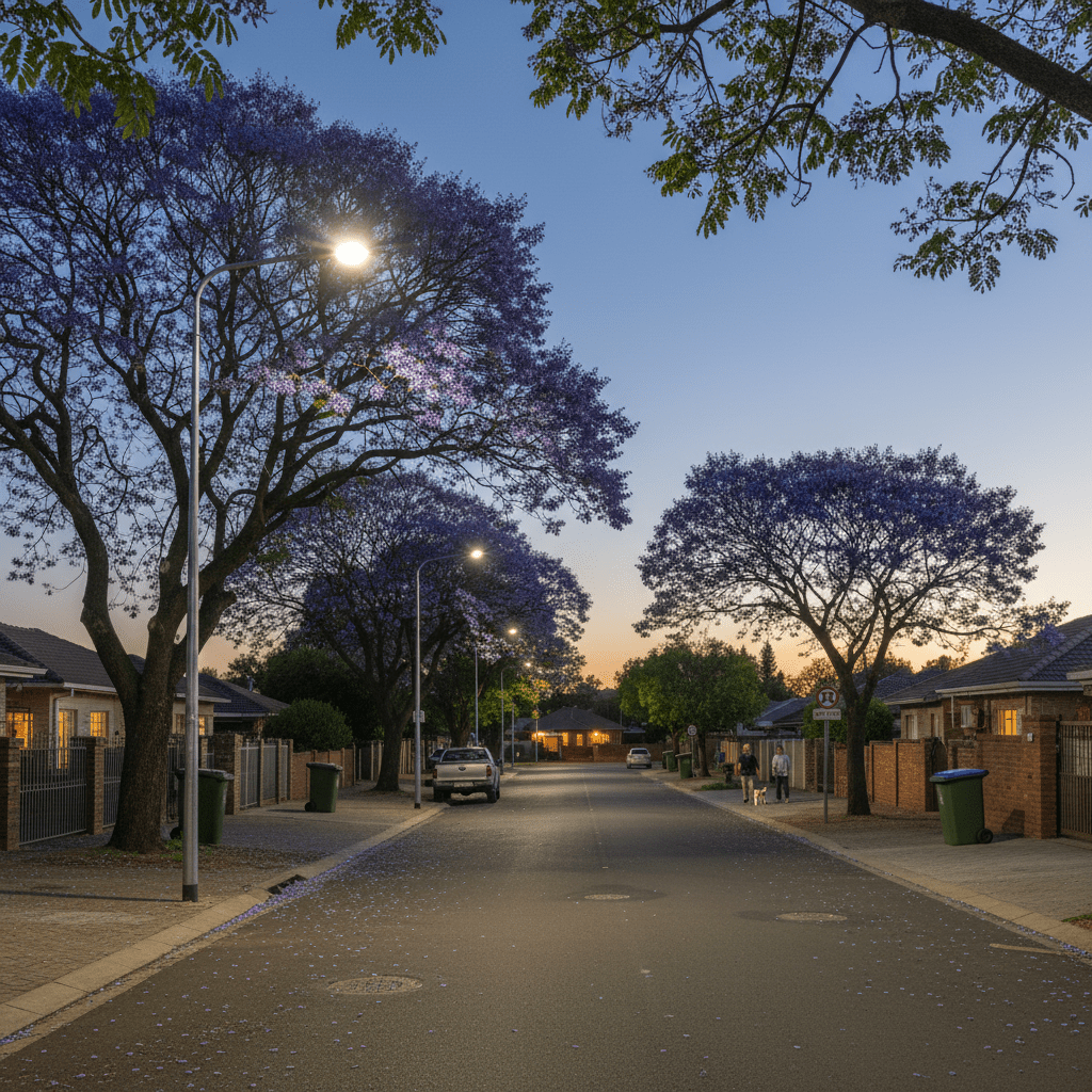 Evening street scene illuminated by LED street lights, lined with jacaranda trees and residential homes.