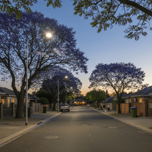 Evening street scene illuminated by LED street lights, lined with jacaranda trees and residential homes.