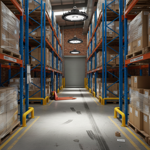 Warehouse aisle illuminated by adjustable beam angle LED high bay lights, showcasing stacked boxes and a pallet jack.