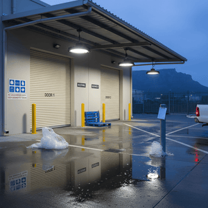 Outdoor loading bay illuminated by adjustable beam angle LED high bay lights, reflecting wet pavement.