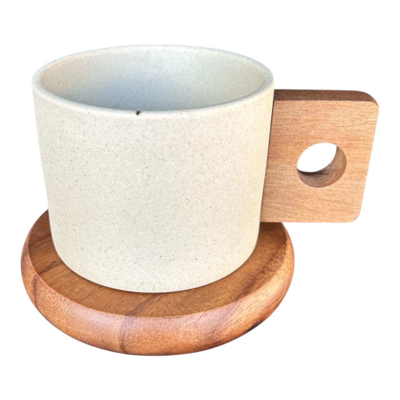 Beige Clay Ceramic Cup With Wooden Dish