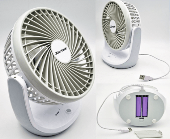 Rechargeable portable fan on a South African home office desk with window open and summer daylight, neat workspace, realistic shadows, no text, no logos.