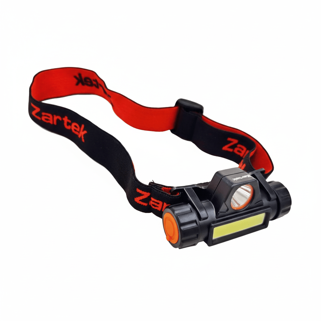 Zartek headlamp with red and black strap on a white background