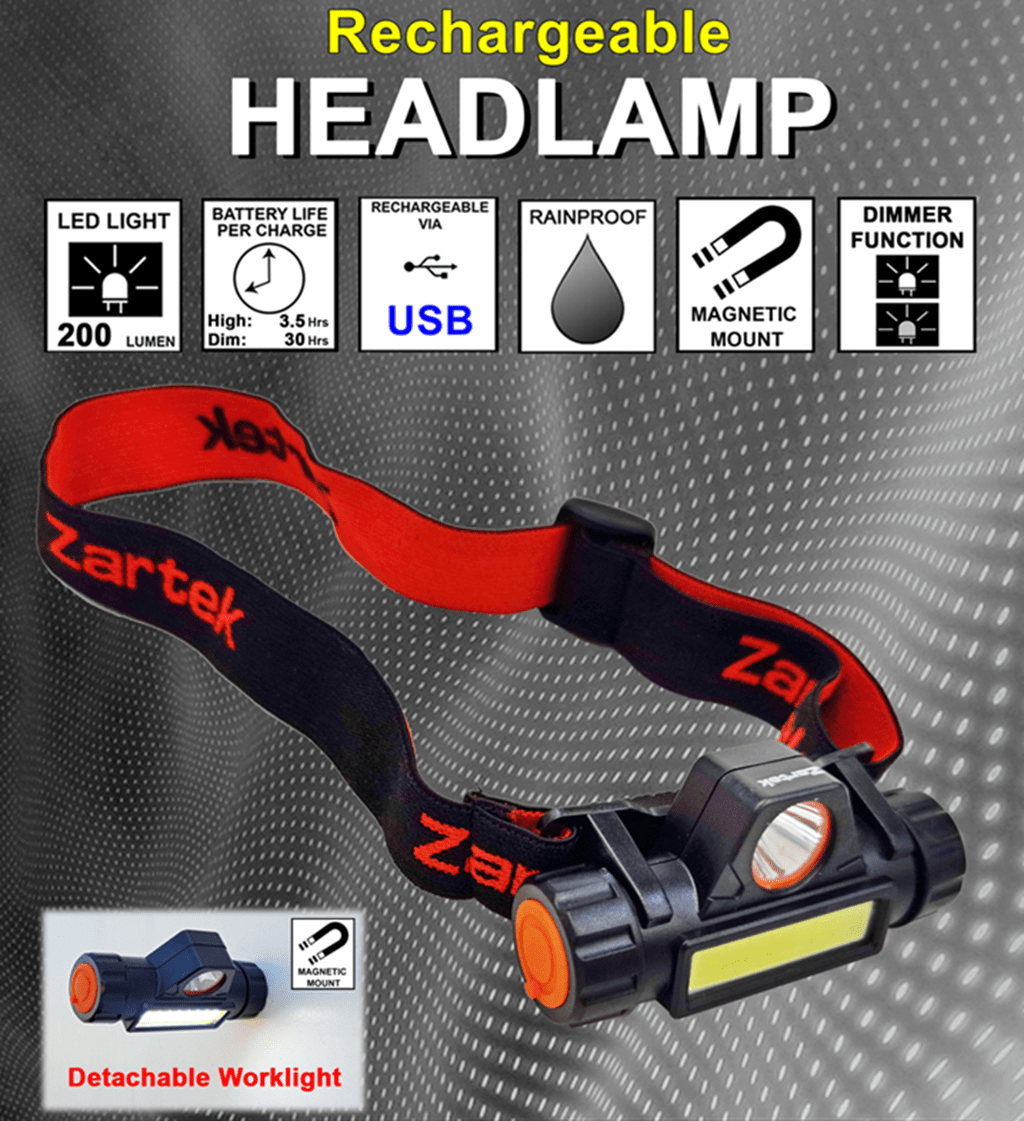 Zartek rechargeable headlamp with features listed on a gray background