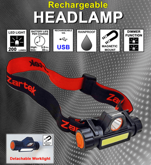 Zartek rechargeable headlamp with features listed on a gray background